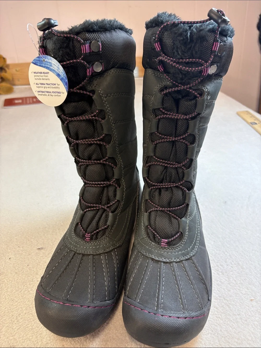 JBU Black Boots with Pink Logo Accent